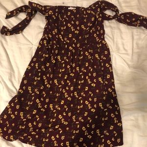 Maroon floral dress with off the shoulder details